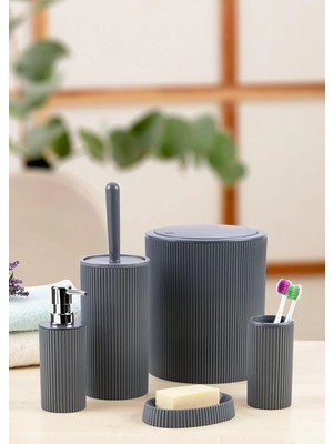 Hype Store 5 Parça Lüx Plastik Banyo Seti 7 Litre Dokunmatik Çöp Kovalı, Antibakteriyel Fırça (Gri)