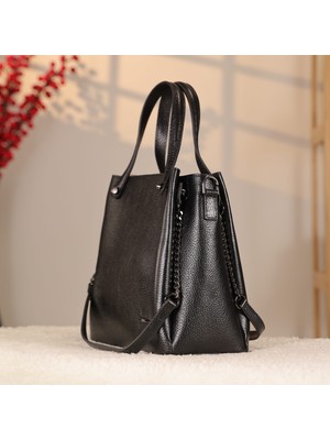 Siyah Renk Hakiki Deri Çanta - Çok Bölmeli - Omuz Askılı