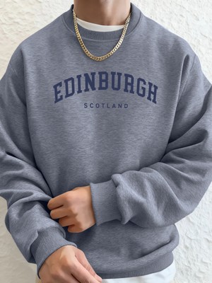 Edinburgh Scotlano Mektup Baskıları Gevşek Polar Kapüşonlular Erkek Cep Bisiklet Yaka Eşofman