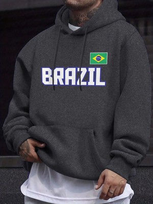 Brezilya Harfli ve Bayraklı Baskılı Eşofman Erkek Sonbahar Günlük Kapüşonlu Sokak Stili Polar