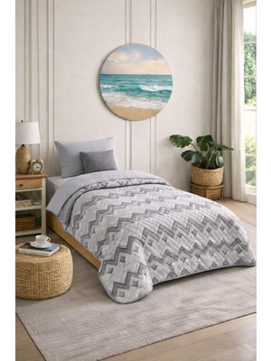 Lila Moon Gri Renkli Tek Kişilik Desenli Kapitone Pike Yatak Örtüsü Takımı (Pike+Yastık Kılıfı)