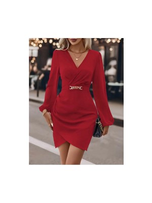 Kadın Uzun Kollu Kruvaze Yaka Yandan Büzgülü Asimetrik Detaylı Ithal Krep Mini Elbise