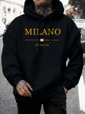 Milano Italia Baskı Sonbahar Modası Kapüşonlu Üst Erkek Temel Giyim Günlük Tişörtler Rahat Po