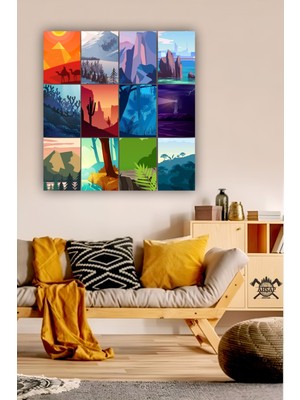 Pi Dekorasyon 12 Parça Renkli Tabiat Manzara Resimleri Çerçeve Görünümlü Mdf Tablo Duvar Süsü Hediyelik Eşya Doğa