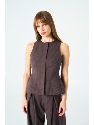 Thalure Kadın Kahverengi Çizgili Peplum Yelek