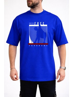 Caddekombin Erkek Born To Be Free Yazı Baskılı Bisiklet Yaka Saks Mavi T-Shirt