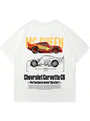 Mad&Calf Unisex Corvette C6 Baskılı Bisiklet Yaka Oversize Tshirt