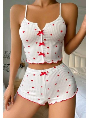İlkyaz Fashion Ieg™ Beyaz Fiyonk Desenli Kalpli Askılı Şortlu Pijama Takım