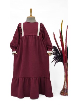 Betül Akbay Kız Çocuk Fistolu Müslin Elbise - Masal Model Uzun Tesettür Elbise Bordo
