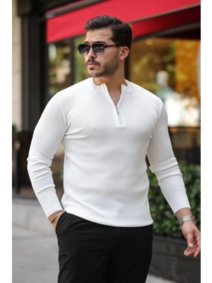 Erkek Fermuarlı Bisiklet Yaka Dokulu Uzun Kollu Triko
