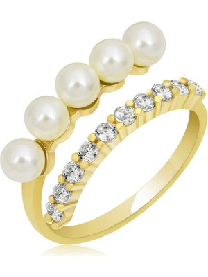 Katre46 Gümüş Gold Ayarlanabilir Inci Taşlı Kadın Yüzük