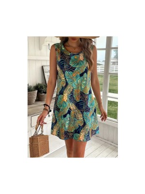 Kadın Sıfır Kollu Yuvarlak Yaka Desenli Süprem Elbise