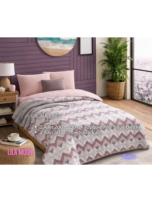 Lila Moon Pudra Renkli Çift Kişilik Desenli Kapitone Pike Yatak Örtüsü Takımı (Pike+2 Yastık Kılıfı)