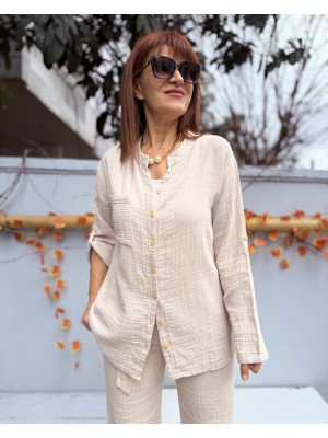 Denizege Butik Müslin Hakim Yaka Gömlek Bej