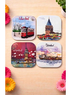 Upeka 4'lü Tramvay Vapur Galata ve Kız Kulesi Temalı Özel Tasarım Hediyelik Bardak Altlığı