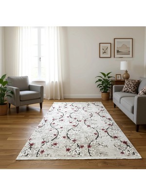 Bademli Halı Lüx Kaymaz Taban Dekoratif Halı 9025 Çiçek Desenli