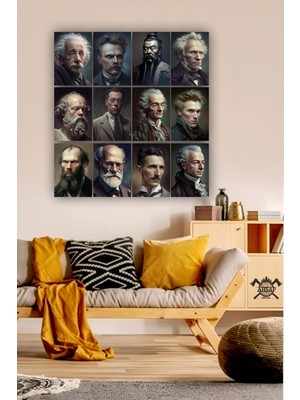 Pi Dekorasyon 12 Parça Bilim Adamları ve Filozoflar Görsel Çerçeve Görünümlü Mdf Tablo Duvar Süsü Hediyelik Eşya