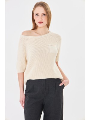 Irmak Kerekli Kadın %100 Pamuk Kayık Yaka Selanik Örgü Kısa Kollu Triko Bluz Yazlık/Baharlık Kazak 71813 Bej