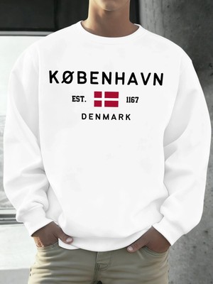 Kobenhavn Danimarka Bayrağı Baskılı Kazak Erkekler Polar Moda Kazak Yaratıcı Sonbahar Spor Gi