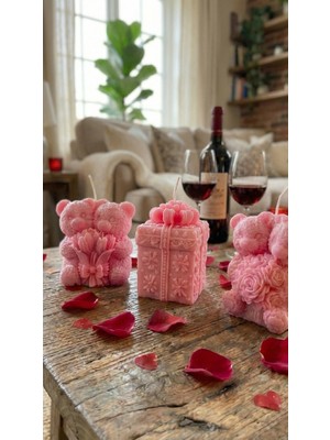 Raw Home Sevgililer Günü Hediyesi Pembe Çilek Kokulu 3’lü Mum Seti – Çift Ayıcık & Hediye Kutusu I Romantik