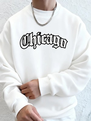 Chicago Letter Baskılı Erkek Sweatshirtleri Kışlık Bisiklet Yaka Kapüşonlu Sokak Stili Polar