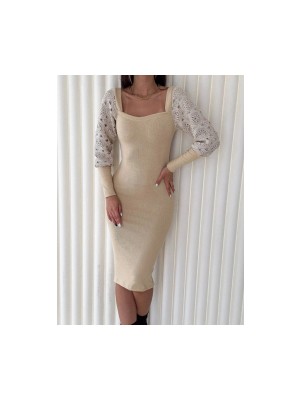 Kadın Kare Yaka Kolları Manşet ve Tül Detay Fırsat Ürün Midi Boy Elbise