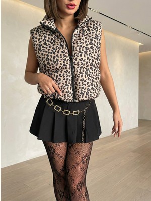 Justa Kadın Bej Siyah Çift Taraflı Kısa Şişme Yelek