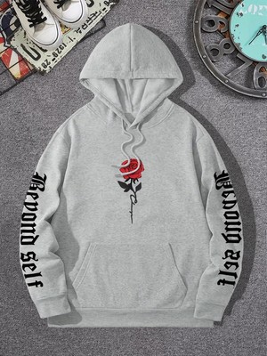 Gül Sanatsal Mektup Baskılı Kapüşonlular Rahat Sokak Kadın Tişörtü Rahat Polar Kazak Crewneck