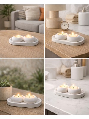 Calmora El Yapımı Beton Ikili Mumluk Seti – Dekoratif Tepsili Mumluk & Organizer