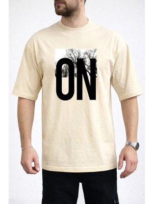 Caddekombin Erkek Doğa Temalı On Yazı Baskılı Bisiklet Yaka Bej T-Shirt