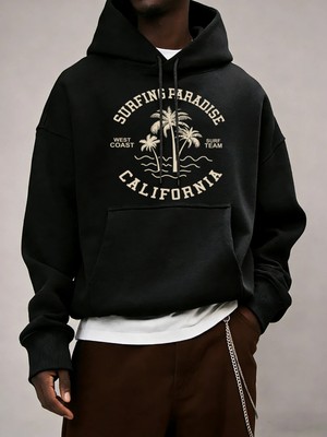 Sörf Cenneti Kaliforniya Baskılı Kapüşonlular Erkek Cep Yumuşak Giysiler Polar Gevşek Üstler