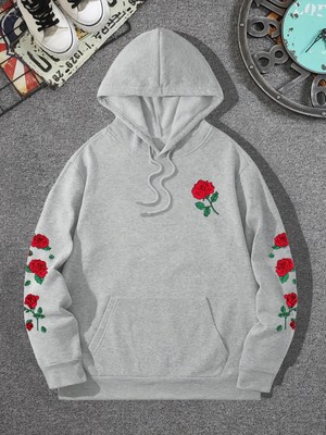 Kırmızı Gül Baskılı Hoodies Rahat Sokak Kadın Tişörtü Rahat Polar Yumuşak Kazak Clothes Gevşe