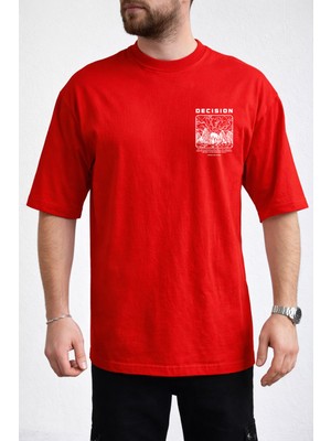 Caddekombin Erkek Decısıon Göğüs Yazı Baskılı Bisiklet Yaka Kırmızı T-Shirt
