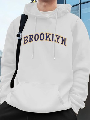 Brooklyn Yaratıcı Mektup Baskılı Erkek Tişörtü Kış Polar Sıcak Hoodie Kore Gevşek Cep Kazakla