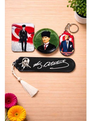 Upeka Atatürk Temalı Özel Seri Kitap Ayracı Anahtarlık Metal ve Kare Magnet Koleksiyonluk Set
