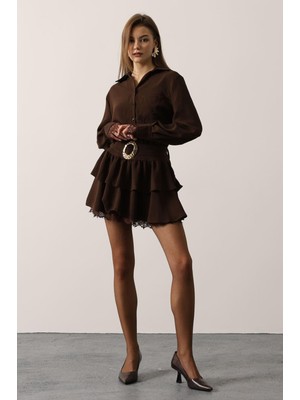 Ckm Moda Valeria Dantel Detaylı Kat Kat Kemerli Mini Elbise Kahve