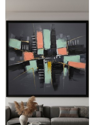 Safir Design Lüks Yeşil ve Turuncu Geometrik Soyut Duvar Sanatı | Modern Çerçeveli Tablo
