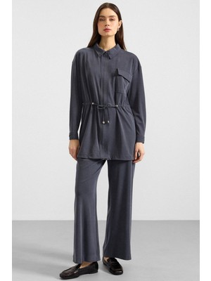 Olcay Fermuar Kapamalı Beli Büzgülü Premium Kumaş Sweat Pantolon Takım Lacivert 9406-TK