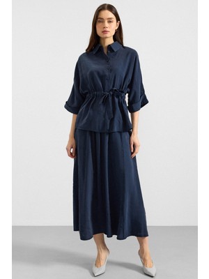 Olcay Belden Büzgülü Truvakar Kollu Modal Gömlek Lacivert 9409