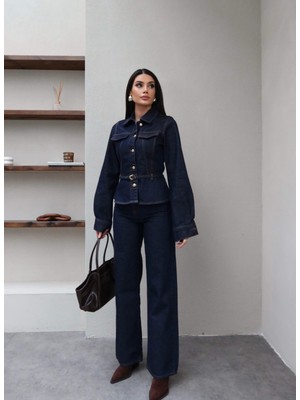 Esra Helvacı Kemerli Denim Ceket Pantolon Takım