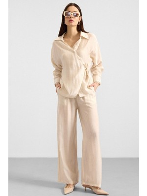 Olcay Düğme ve Bağcık Kapamalı Kimono Pantolon Ikili Takım Krem 9414-TK