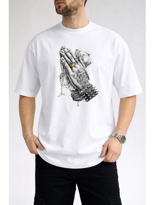 Caddekombin Erkek Vortex Desenli Push Yazı Baskılı Bisiklet Yaka Beyaz T-Shirt