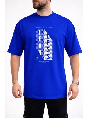 Caddekombin Erkek Fearless Yazı Baskılı Petek Dokulu Bisiklet Yaka Saks Mavi T-Shirt
