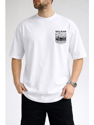 Caddekombin Erkek Decısıon Göğüs Yazı Baskılı Bisiklet Yaka Beyaz T-Shirt