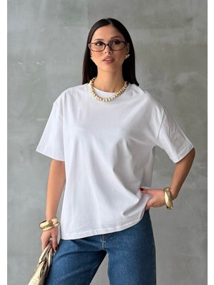 Bejna Kadın Bisiklet Yaka Oversize %100 Pamuklu Basic T-Shirt