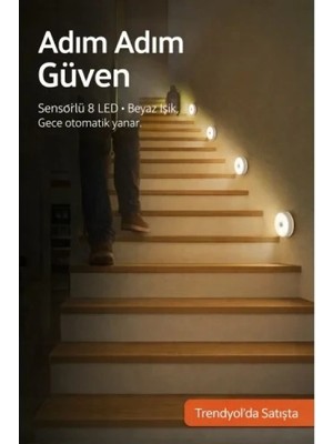 Marsilyan 3 Adet Hareket Sensörlü Beyaz Işık Led Gece Lambası – Kablosuz 8 Ledli | Merdiven, Koridor