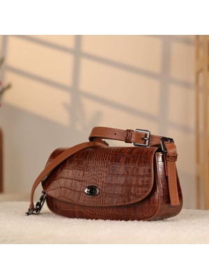 Timsah Desen Kahverengi Deri Çanta - Hakiki Deri ve Omuz Askılı 40438