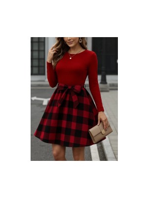 Kadın Uzun Kollu Bisiklet Yaka Üst Viskon Alt Ekose Kısa Elbise
