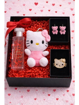 Pulinin Dükkanı Sevgililer Günü Özel Hediye Kutusu – Hello Kitty Anahtarlık, Parfüm, Kolye ve Broş Takı Seti