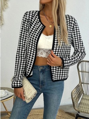 Kadın Uzun Kollu Kaz Ayağı Desenli Şardonlu Dalgıç Ceket